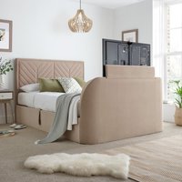 Sherlock - Double - Side-Opening Ottoman Storage Electric TV Bed - Warm Stone - Velvet - 4ft6 - Happy Beds