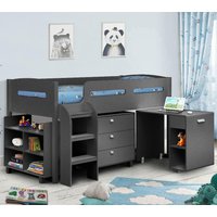 Kimbo - Single - Kids Cabin Bed Frame - Dark Grey - Anthracite - Drawers and Desk - 3ft - Happy Beds